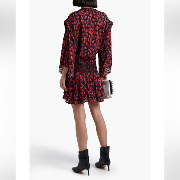 IRO River Smocked Fil Coupe Mini Dress Women's Size 2 Red Blue Silk Blend Print - Picture 3 of 16